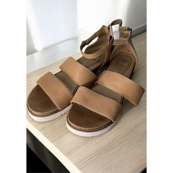 Eileen Fisher Women Strappy Platform Tan /Honey Ankle Straps Back Zip Sandals 10 - Picture 6 of 12